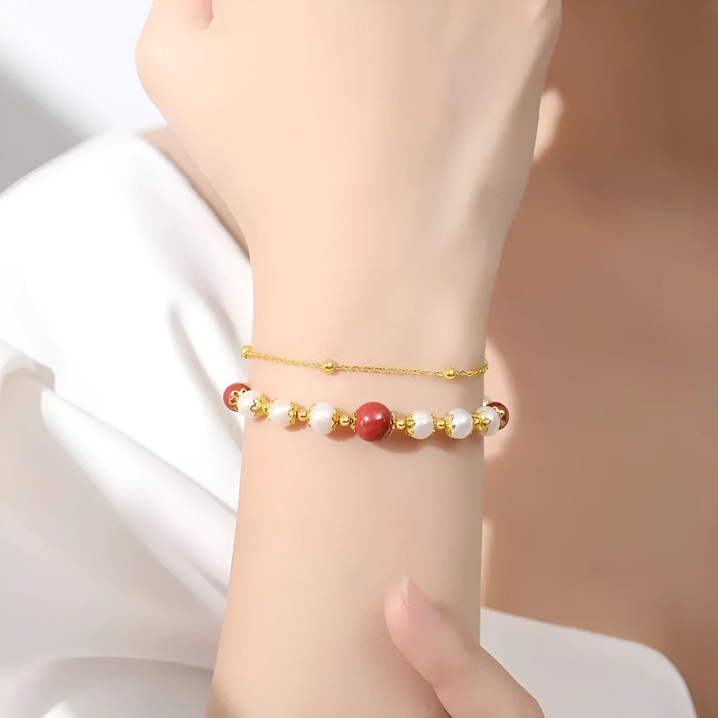Silver double-layer bracelet with Chinese bean design and red cinnabar fresh water pearl necklace charm