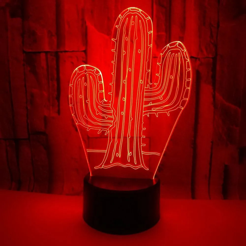 Cactus 3D night light with touch button, 7 colour LED, USB or AAA battery power, 87x87x42mm base