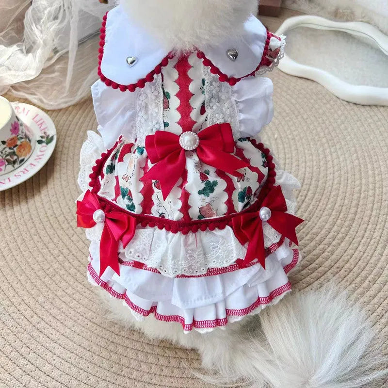 Small white dog wearing a rabbit-style skirt, showing the princess cut and fit based on detailed size chart measurements.