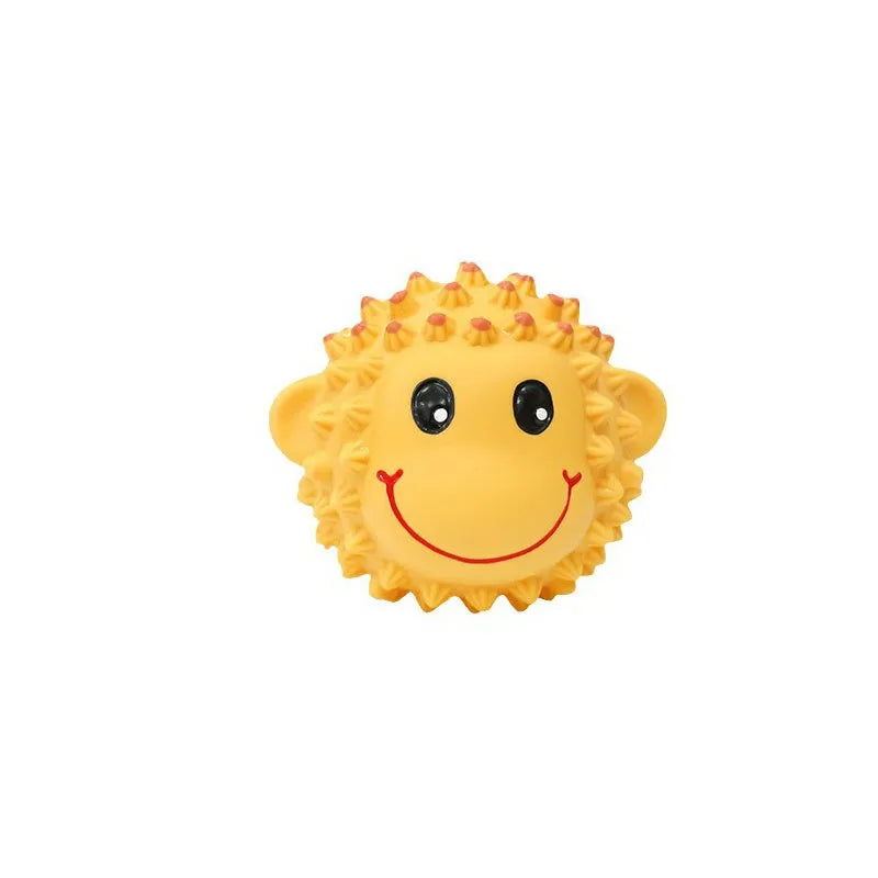Orange and yellow spiky squeaky latex dog toy for small medium breeds.