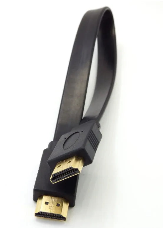 Flat black HDMI cable with male connectors on a white background