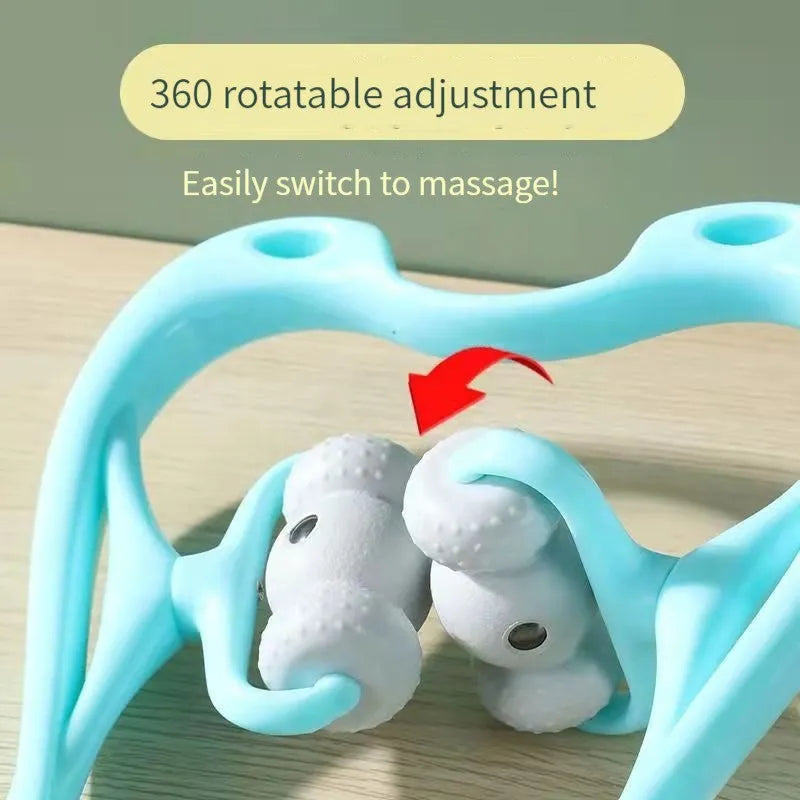 Blue handheld neck massager with rotating head showing pressure point nodes