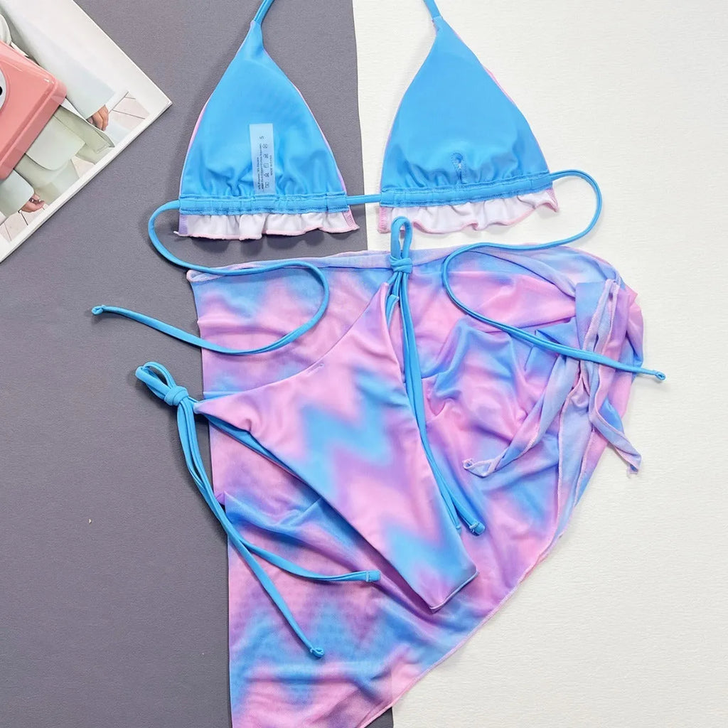 Women's split tie-dye swimsuit bikini set with skirt, bra, and panties for swimming