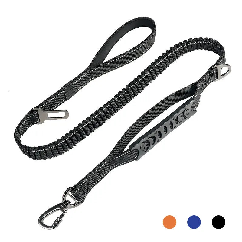Retractable reflective dog leash with nylon traction belt in black, orange or khaki colour options