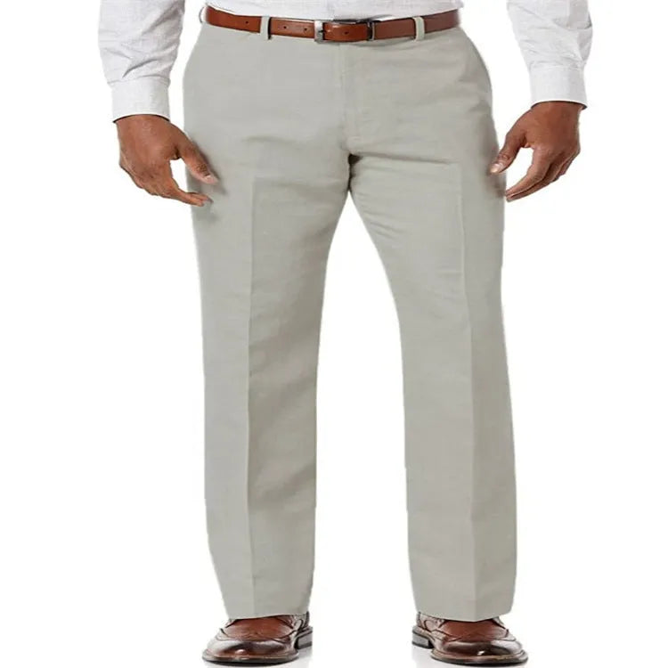Men's beige white linen casual trousers with slant pockets laid flat.