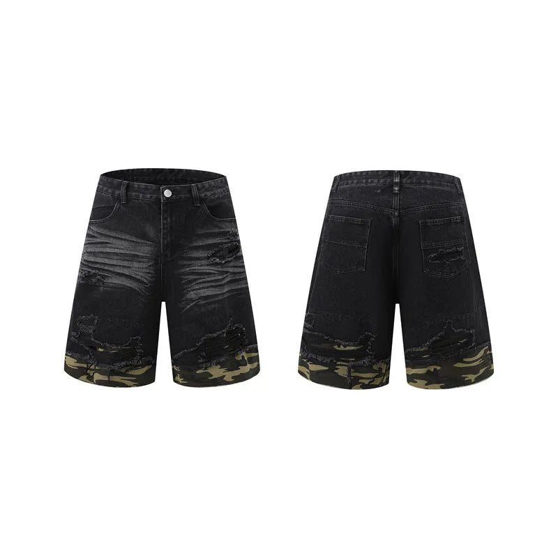 Black denim short sleeve jacket and shorts set with leopard print and cut edge stitching.