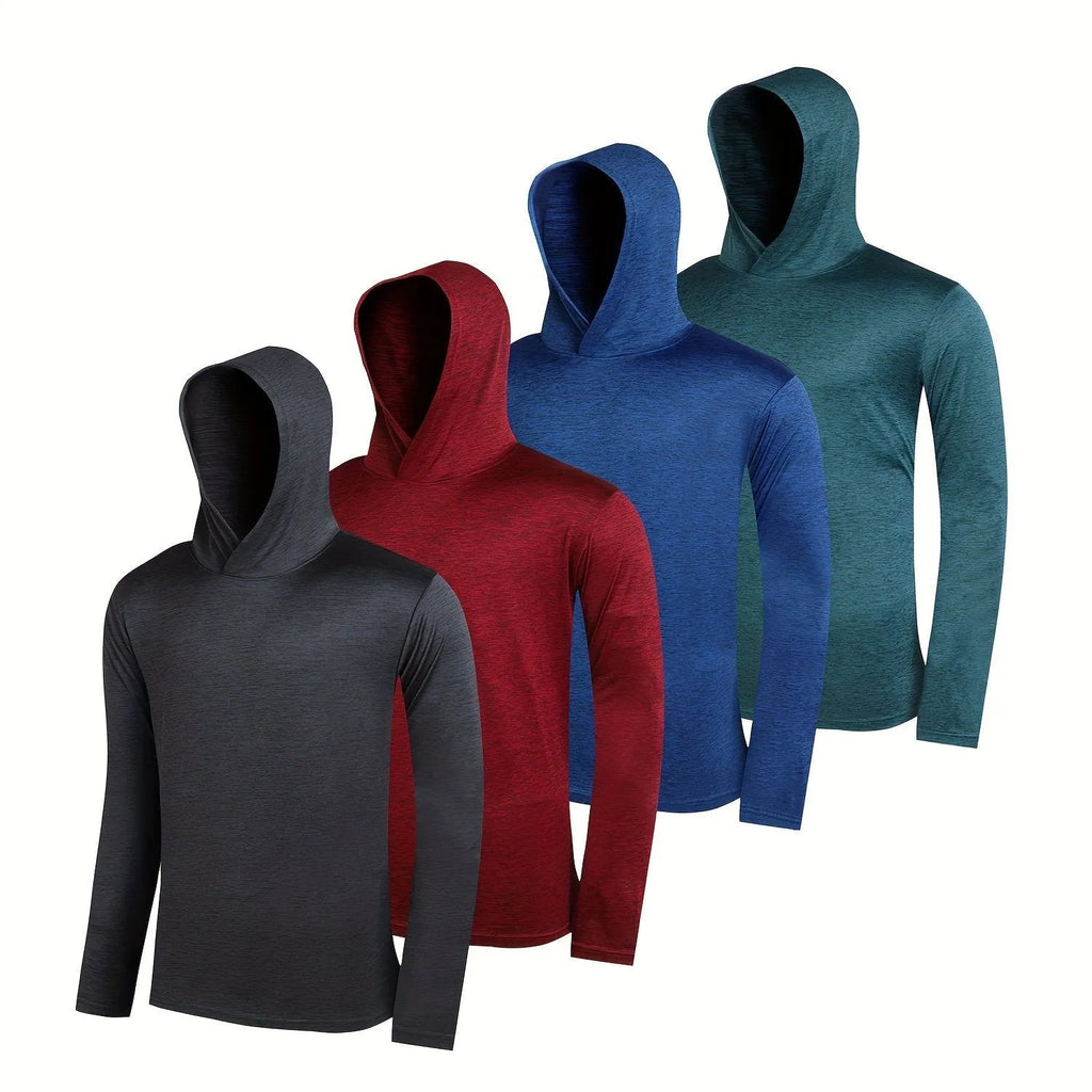 Four men's lightweight polyester hoodies folded, showing colour options Wthm-451, Wthm-452, Wthm-453, Wthm-455, Wthm-456.
