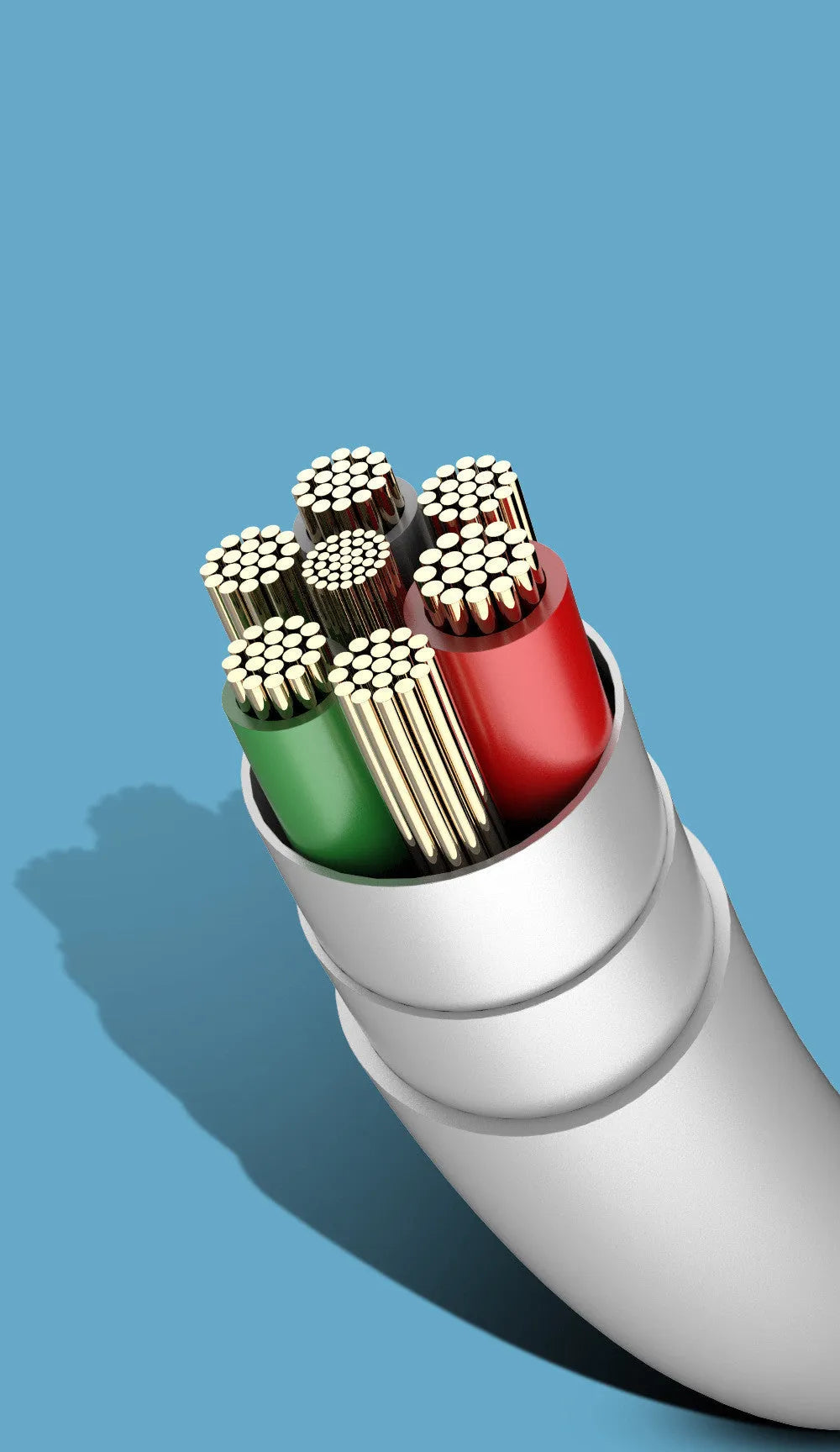White PD fast charge cable with USB-A plug and three connectors: TYPE-C, Micro USB, and Mini USB.