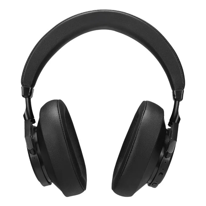 Black wireless Bluetooth headset with head-mounted design and battery display