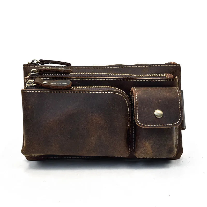 Men's genuine cowhide leather crossbody chest bag with multiple zipper pockets in brown