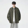 Men's loose casual work shirt jacket in black, long sleeve, regular thickness, synthetic fibre blend