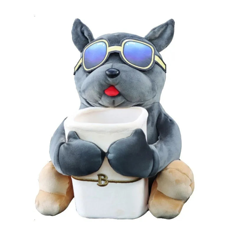 Car tissue box with plush fabric and dog designs hanging from vehicle armrest