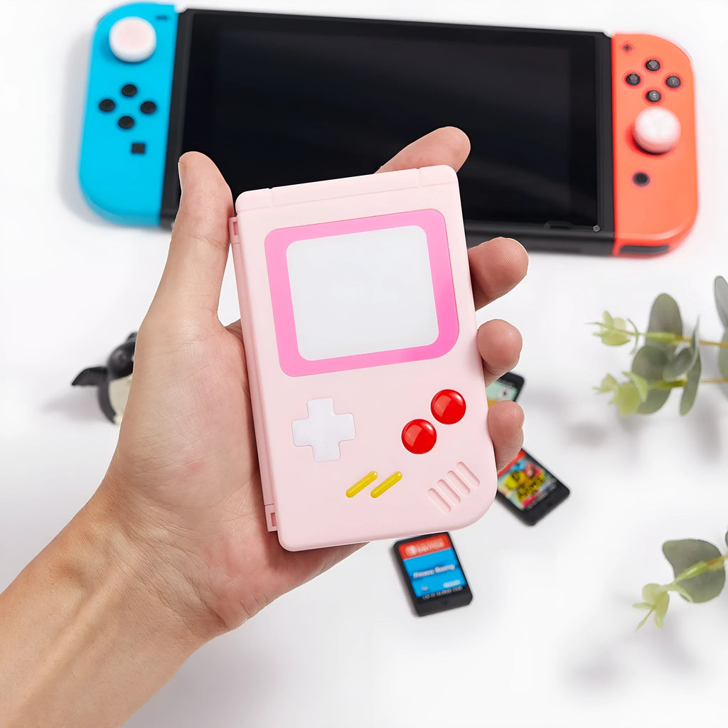 Blue durable plastic Nintendo Switch game card storage box case on a white background