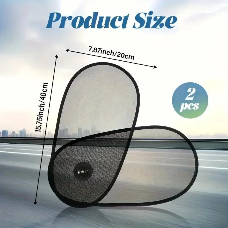 Black adjustable car side window sun shade stretched on glass with visible mesh and suction cups