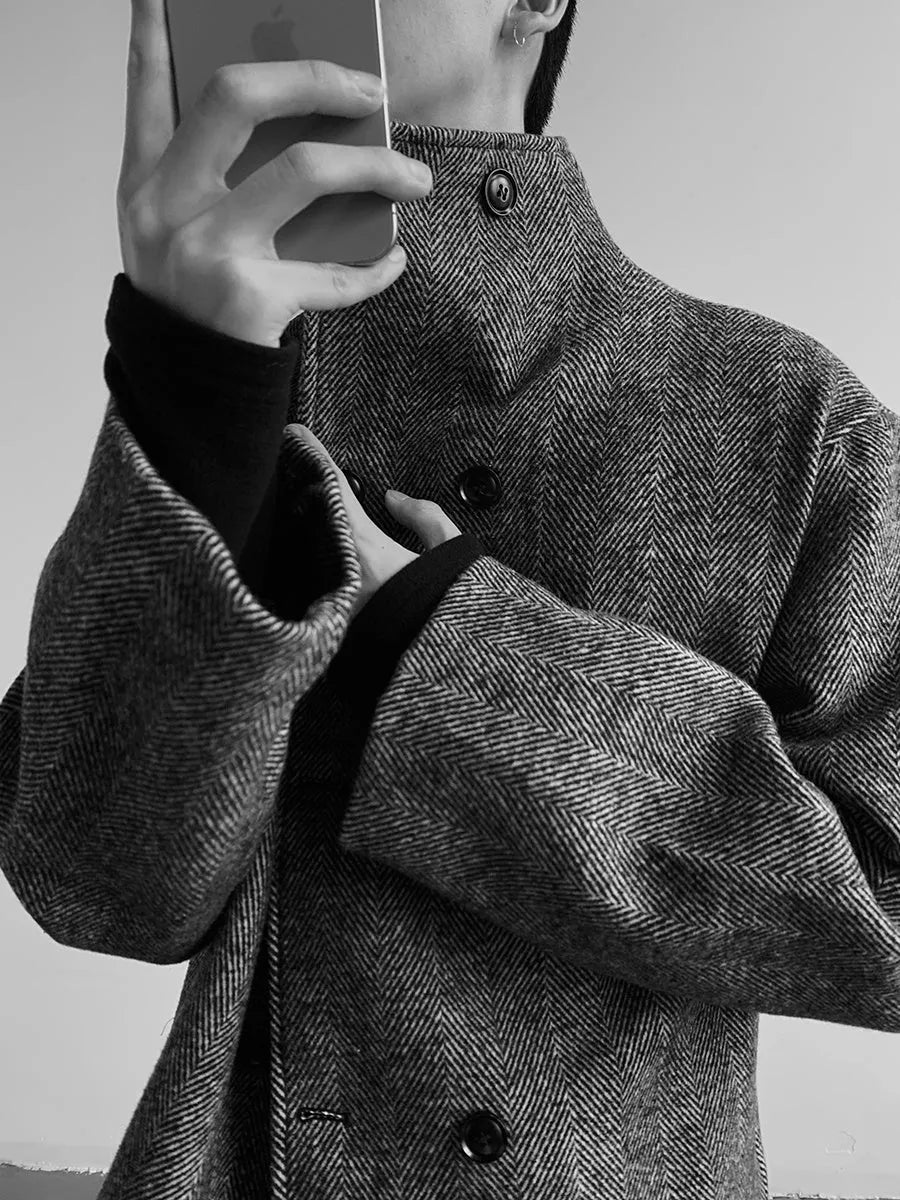 Double breasted stand collar mid-length loose fit polyester coat jacket in Coffee colour with long sleeves