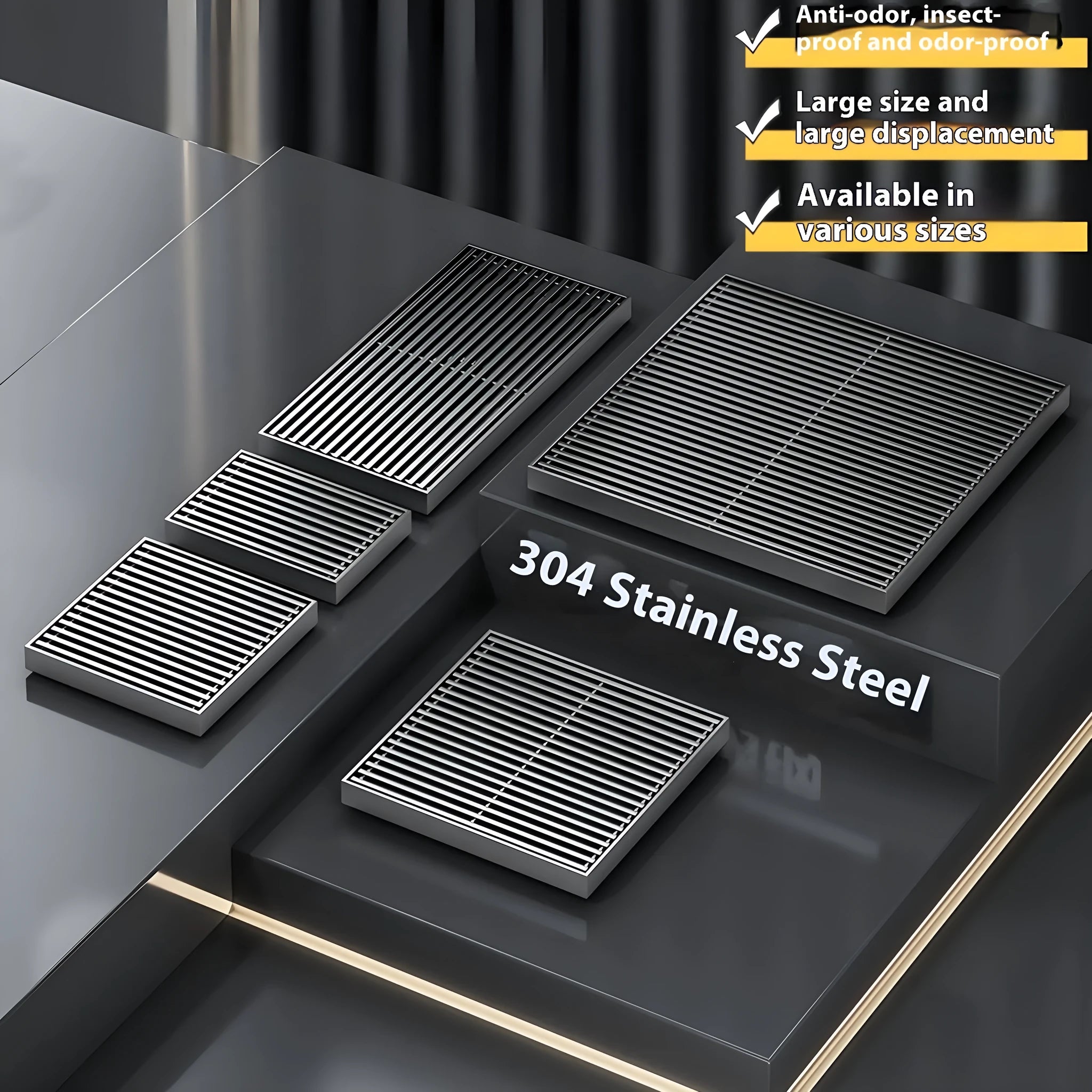 304 stainless steel courtyard floor drain with a square gun grey 15x15cm ABS plastic cover.
