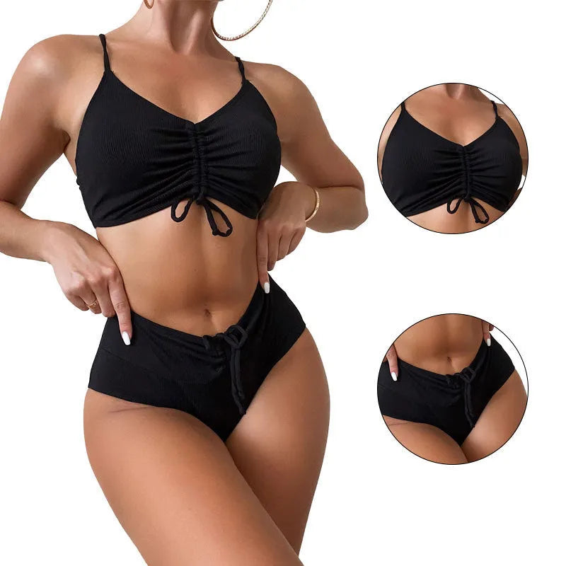 Black women's high waist sling split bikini swimsuit with sleeveless top and shorts
