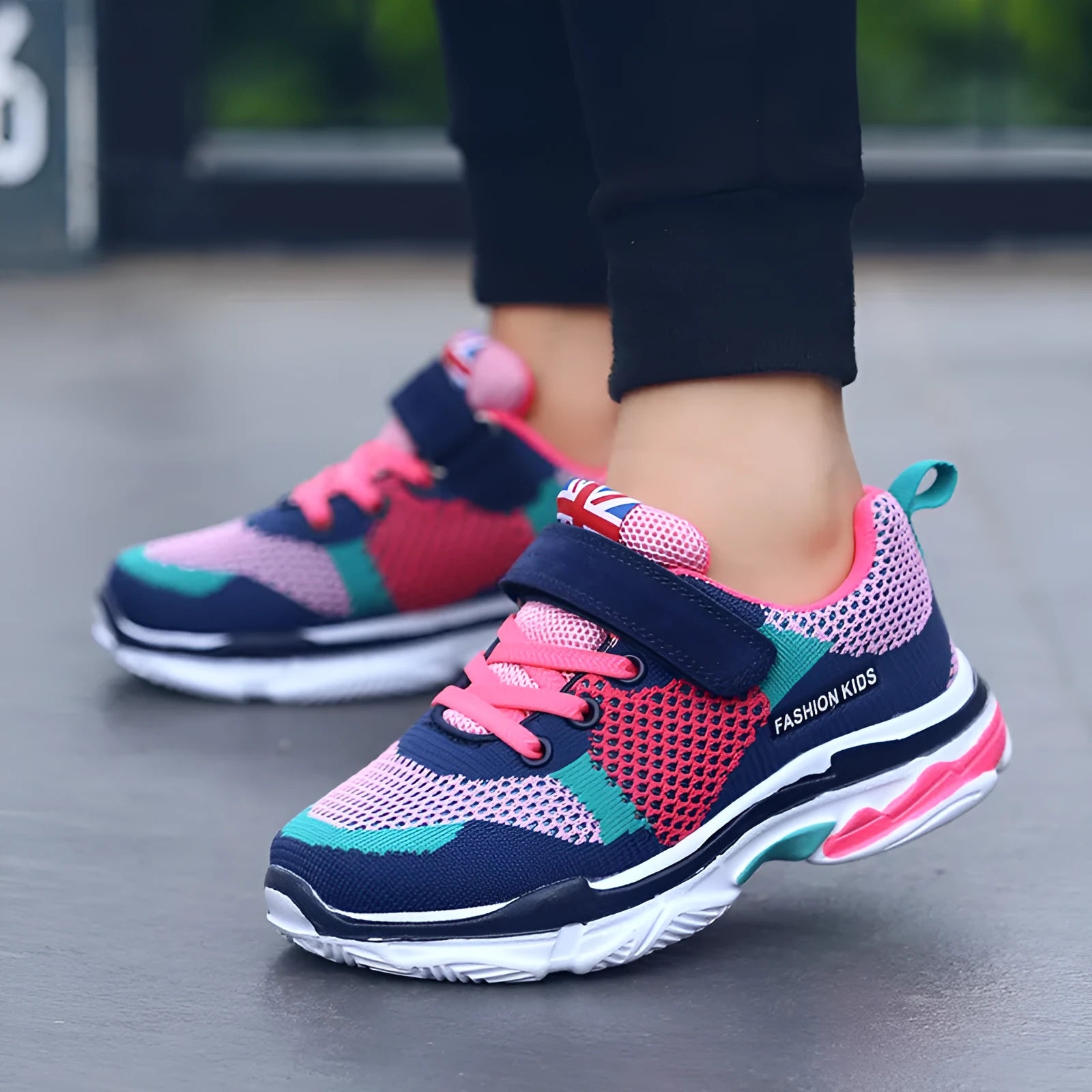 Children's mesh breathable running shoes with Velcro fastening in Pink, Grey Orange, and Royal Blue Grey colours