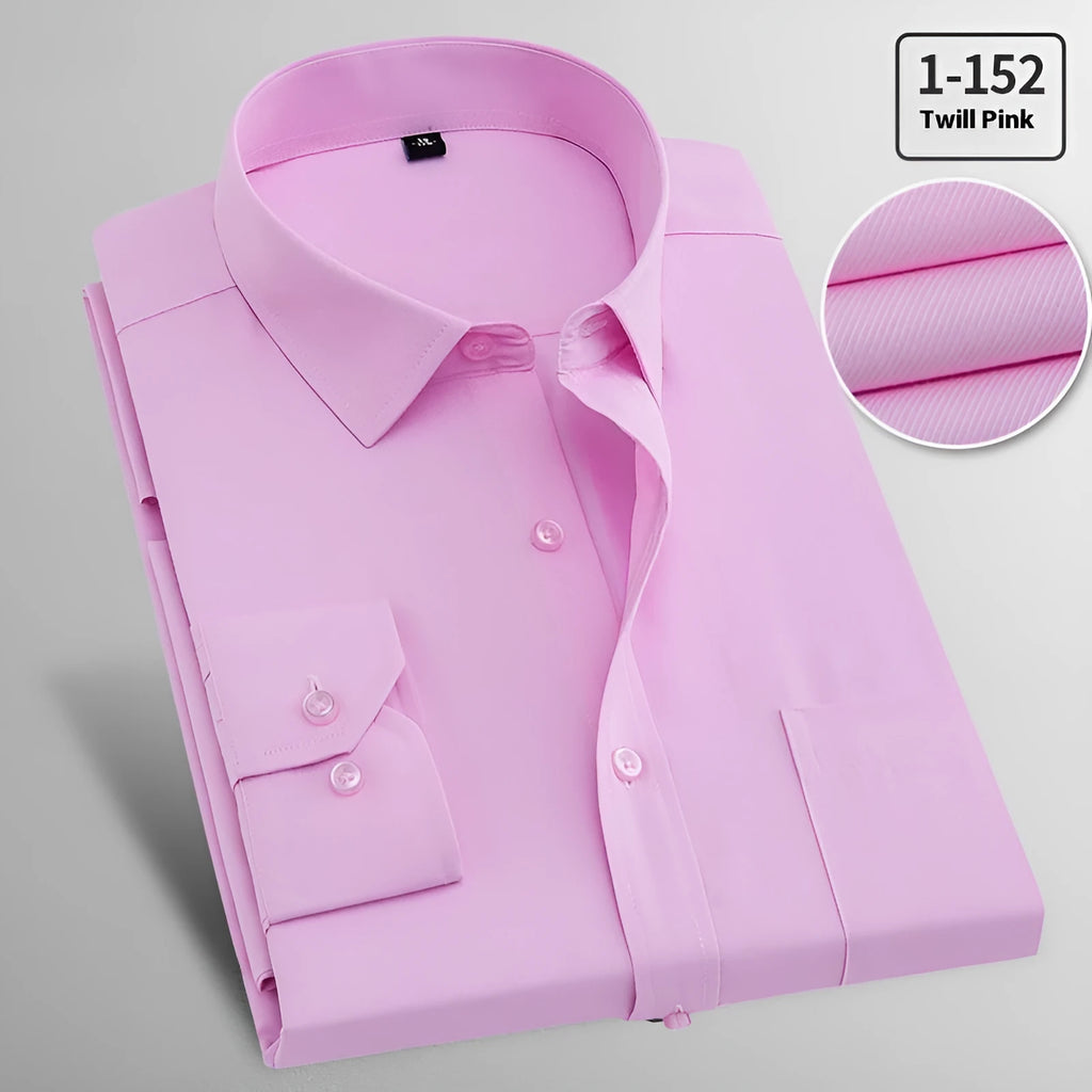 Men's long sleeved flax business shirt in pink diagonal or solid red, sizes 37-54