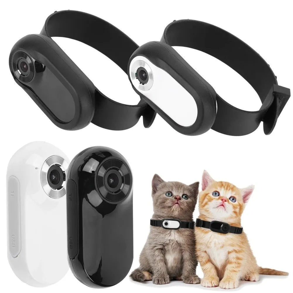 White thumb pet camera with silicone collar for cats, compact design on a collar