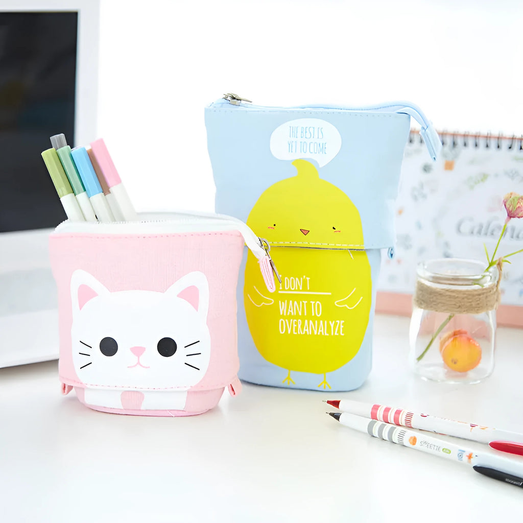 Canvas pencil case with cartoon print round design measuring 19cm for student stationery