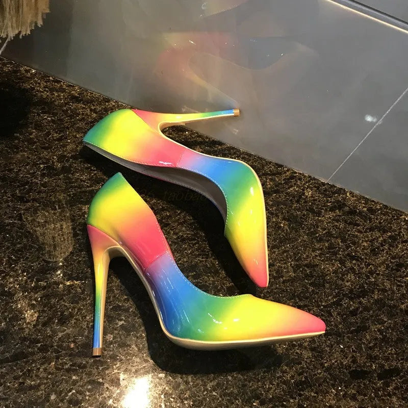 Rainbow multicolour patent leather women's high-heel shoes with pointed toe and stiletto heel.