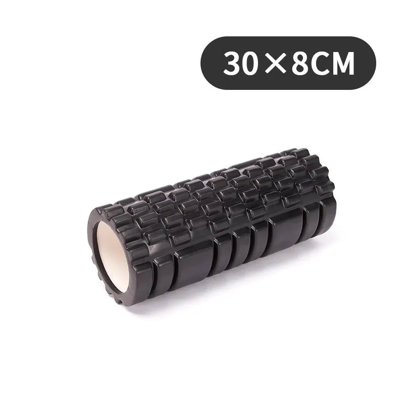 EVA foam fitness roller shown in various colours including black, pink, and blue.