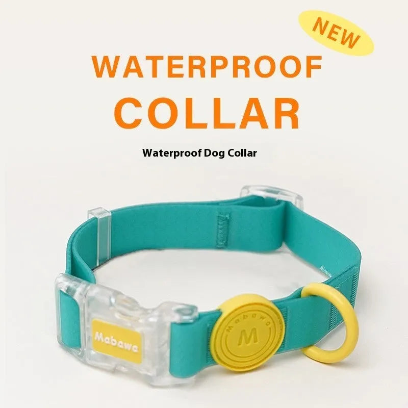 Nylon dog collar and matching leash set shown in smoky grey, new green, lemon yellow, and rose pink colour options.