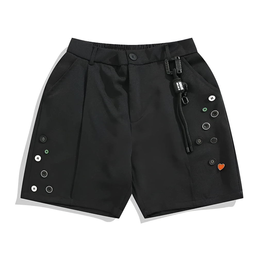Black men's semi-elastic waist shorts with button fastening and loose straight-leg fit