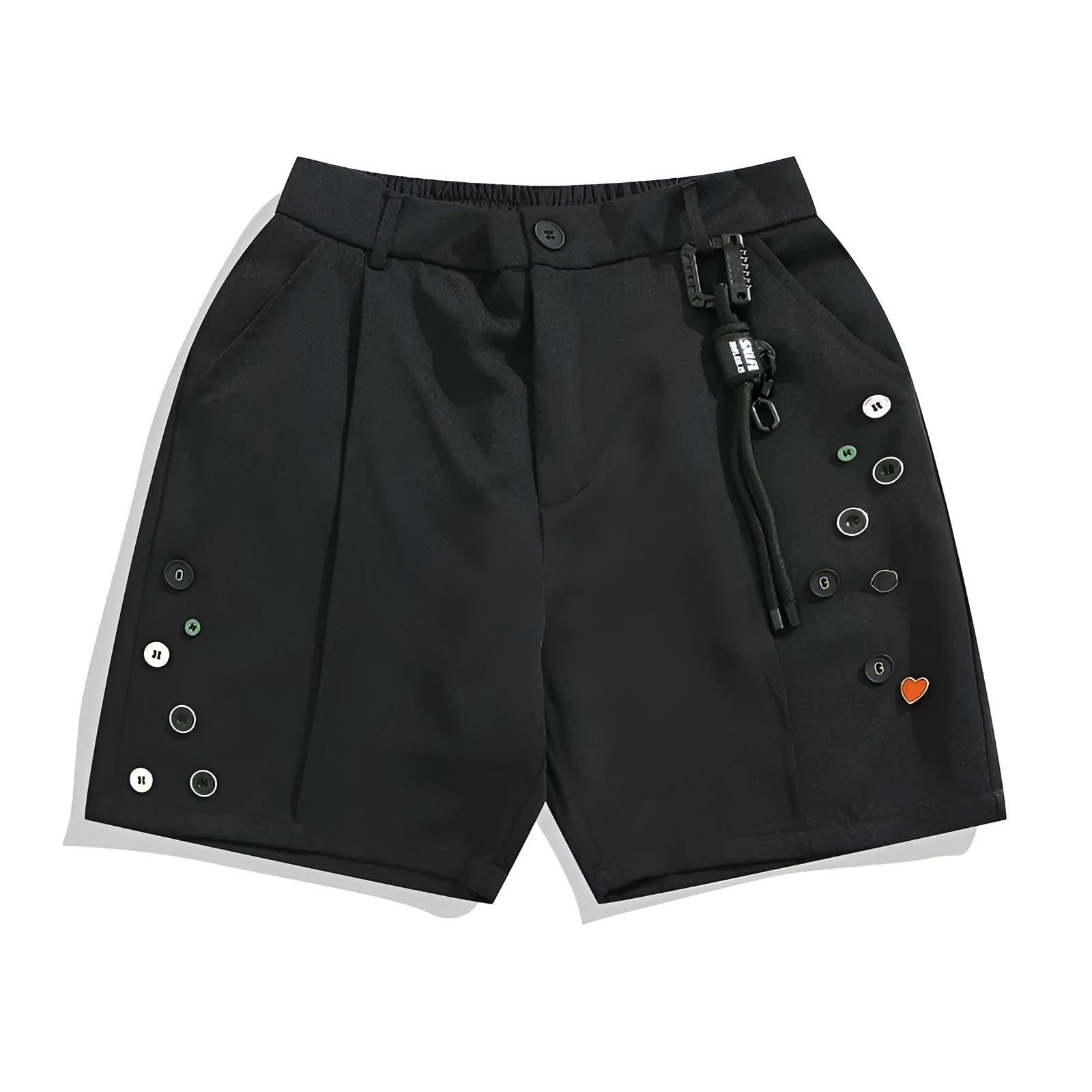 Black men's semi-elastic waist shorts with button fastening and loose straight-leg fit