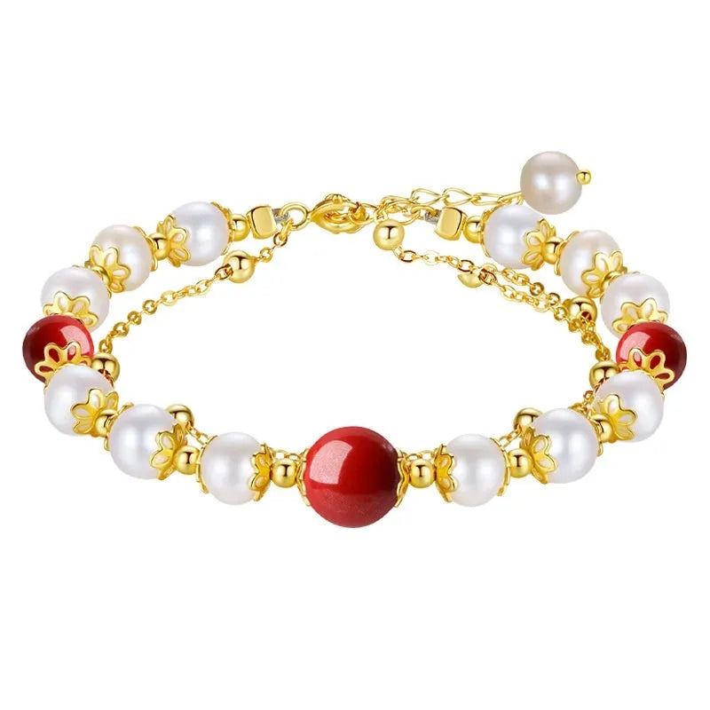 Silver double-layer bracelet with Chinese bean design and red cinnabar fresh water pearl necklace charm