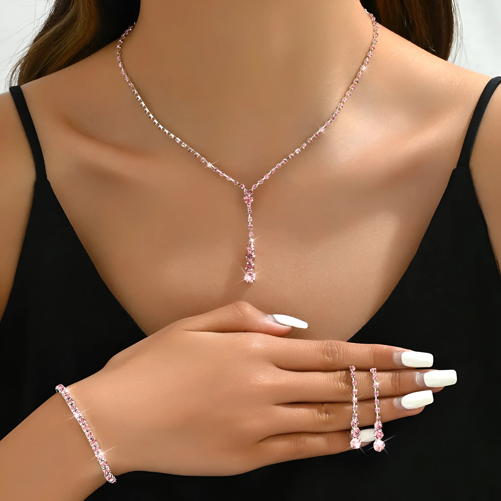 Rhinestone wedding jewellery three-piece set with necklace, bracelet and earrings on snake bone chain