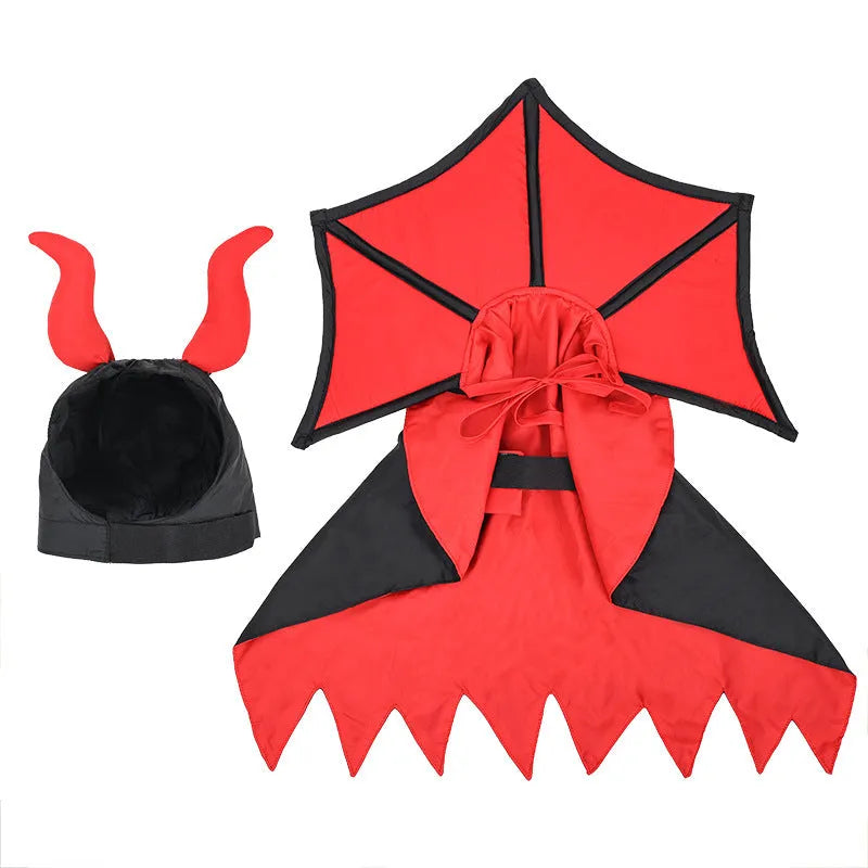Black polyester vampire cloak and hat Halloween costume for a dog or cat on a white background.