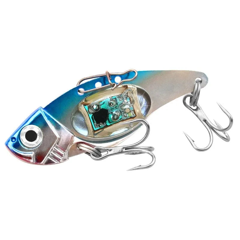 Luminous Metal Vib electronic fishing lure shown in blue body and red body colour options