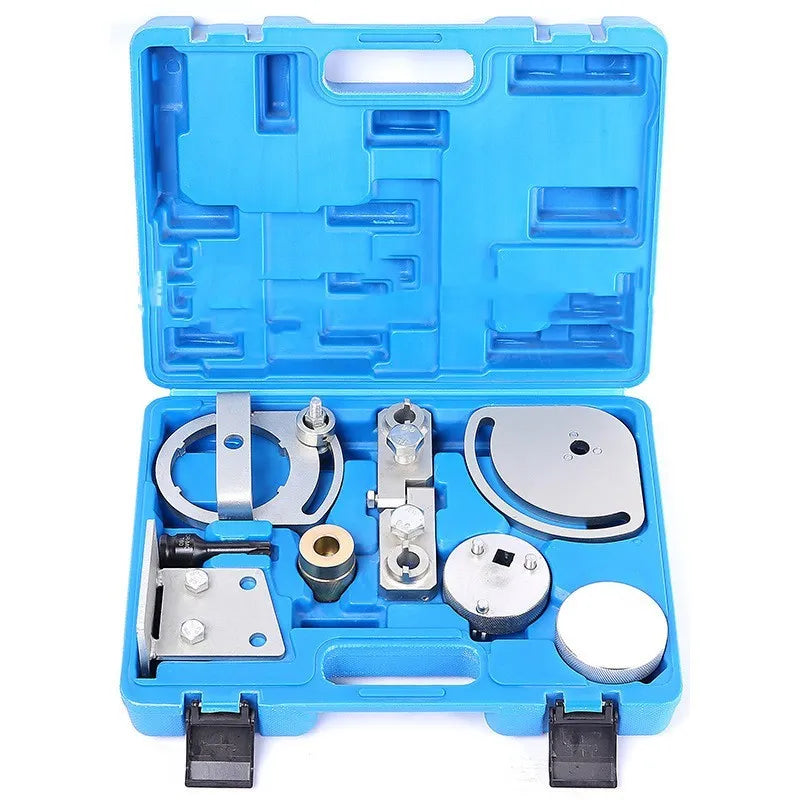 Volvo and Land Rover engine timing tool set with eight carbon steel pieces for professional cylinder head alignment.