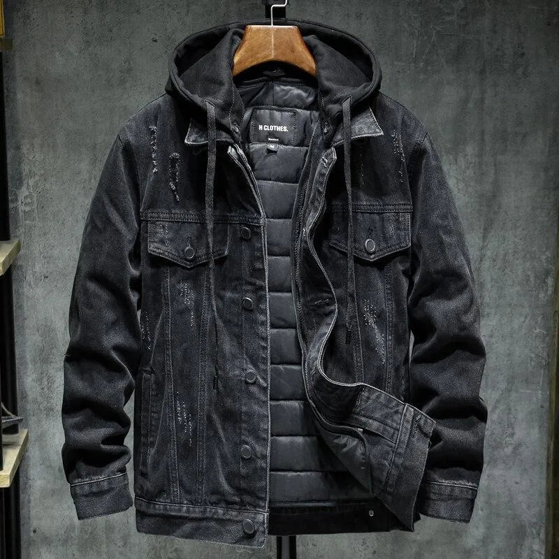Thick cotton denim jacket for men, hooded lapel, slim fit, plain style, black colour