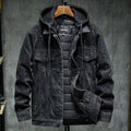 Thick cotton denim jacket for men, hooded lapel, slim fit, plain style, black colour