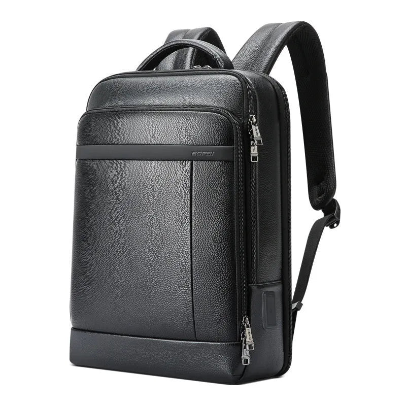 Black genuine leather men's business backpack with USB charging port and curved shoulder strap