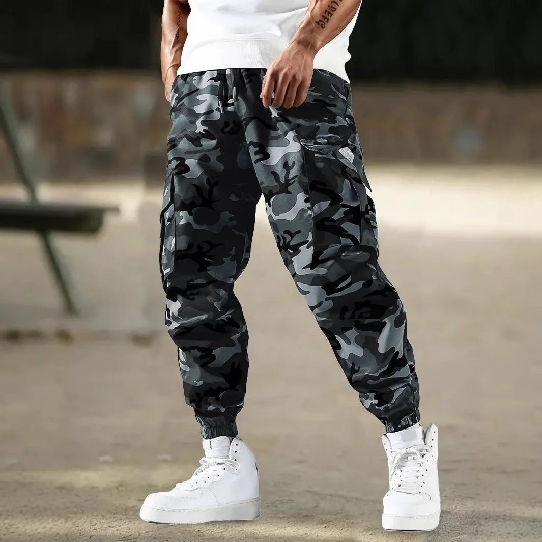 Men's camouflage drawstring work trousers with side pockets in casual regular fit polyester blend
