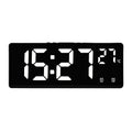 Large screen electronic LED alarm clock showing time and temperature, in a black acrylic casing.
