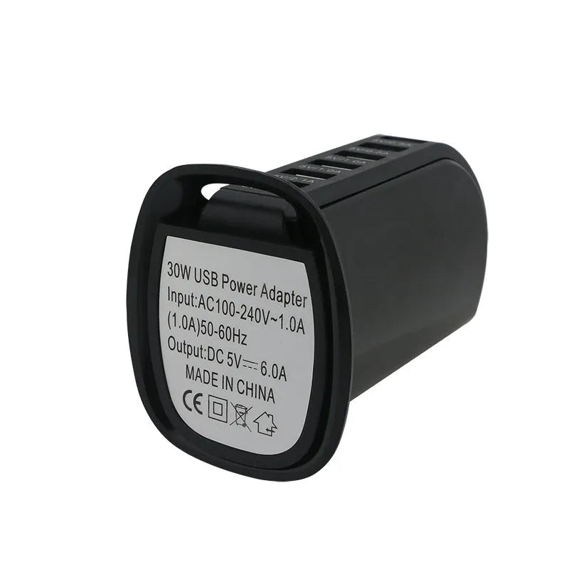 30W vertical 6-port USB charger with UK plug, black, 77x65x110mm