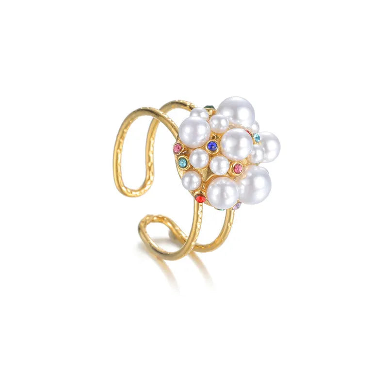 Open mouth women's ring with zircon electroplating and pearl elements in round or heart shape