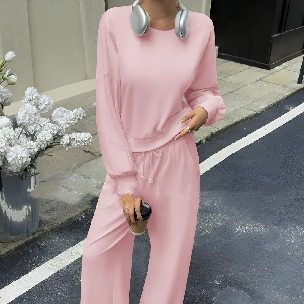 Women's solid colour trousers set with long sleeve top and matching trousers in street hipster style