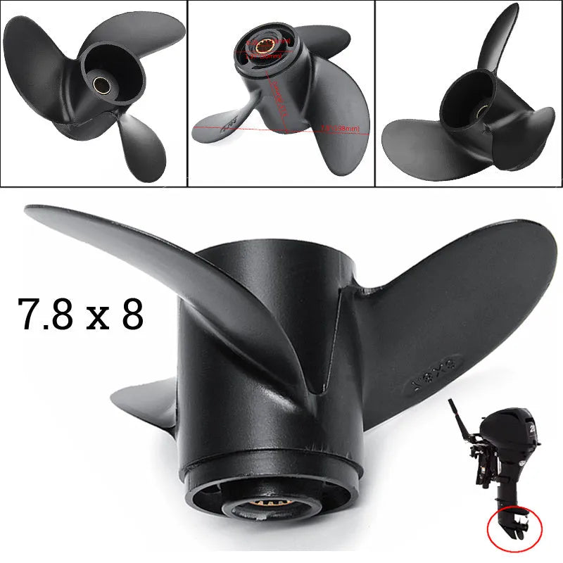 Aluminium alloy outboard motor propeller, 7.8 inch diameter, 3-blade, black finish