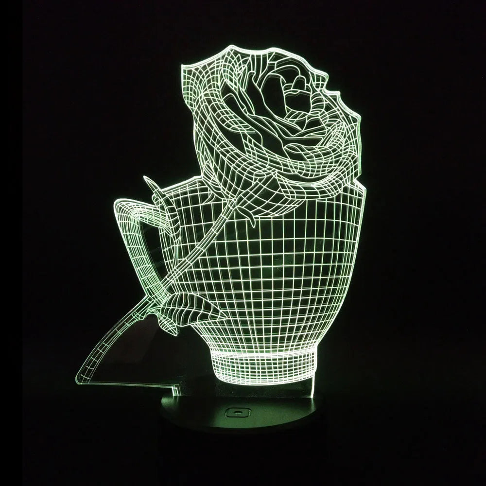 3D rose flower design night light with colour-changing LEDs on a black ABS base.
