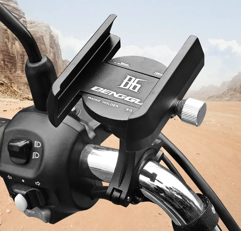 Black aluminium alloy bicycle phone holder mounted on a handlebar with a mobile phone.