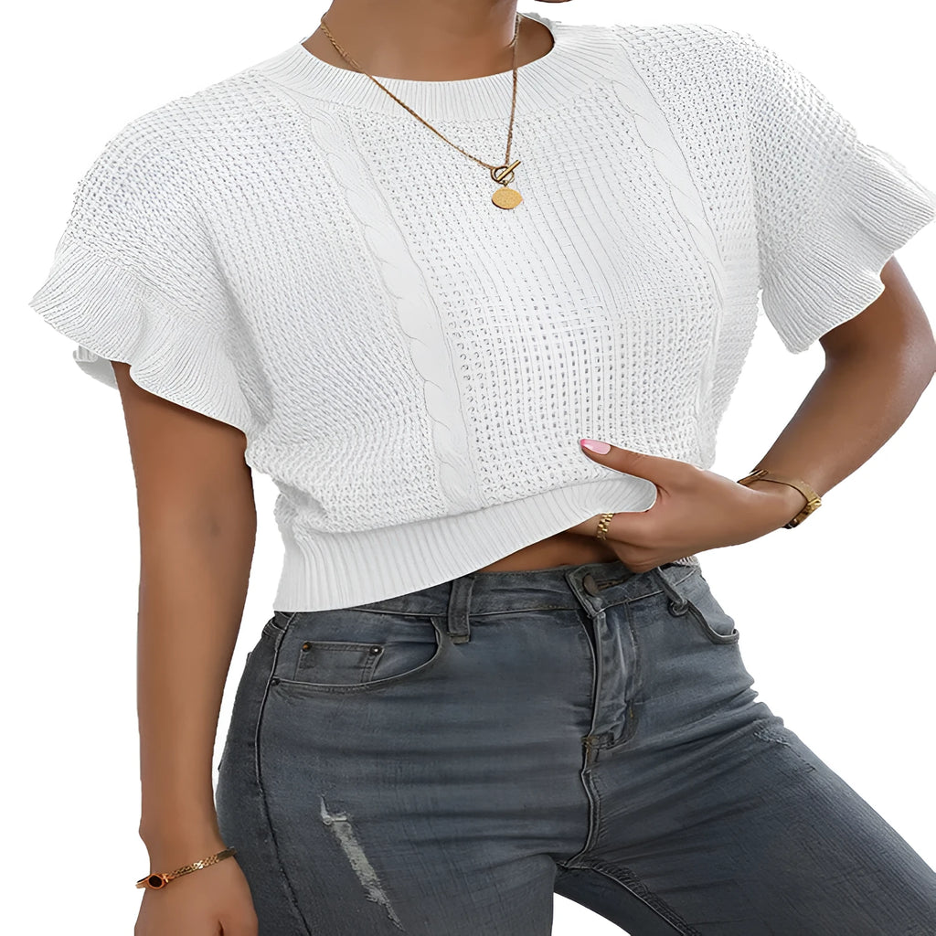 Knitted pullover sweater with ruffled short sleeves on a mannequin, shown in white colour.