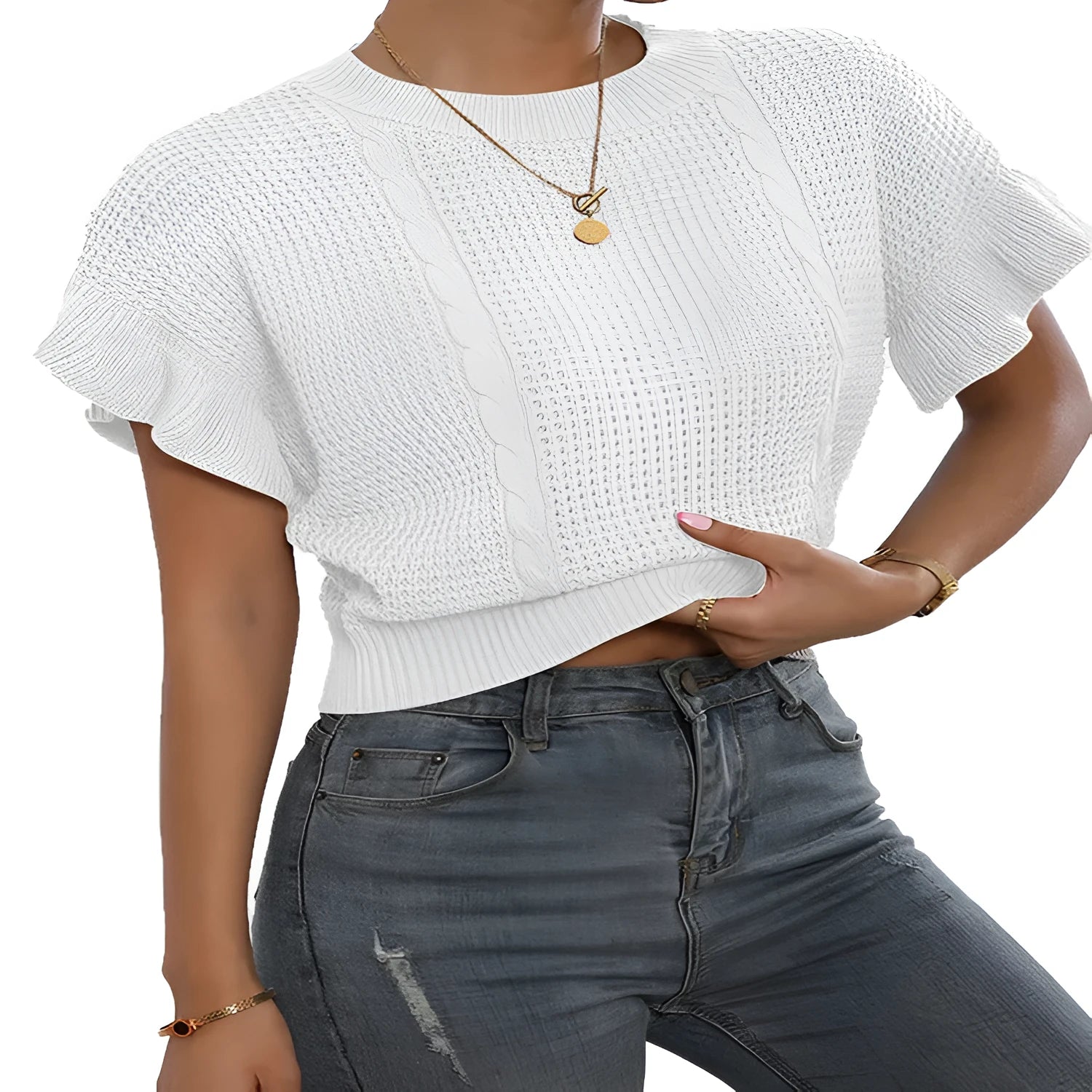 Knitted pullover sweater with ruffled short sleeves on a mannequin, shown in white colour.