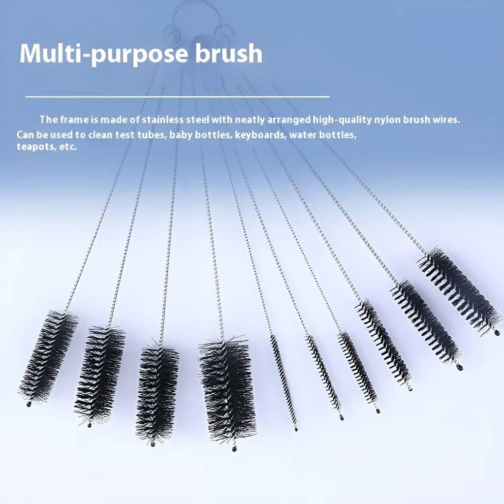 Stainless steel handle nylon bristle cleaning brushes for straws and bottles in white and black.