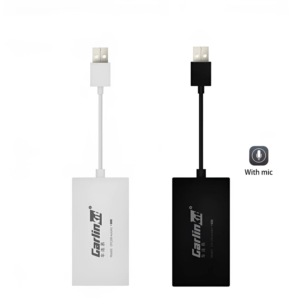 Black Wireless CarPlay USB dongle adapter for connecting iPhone to car navigation screen.